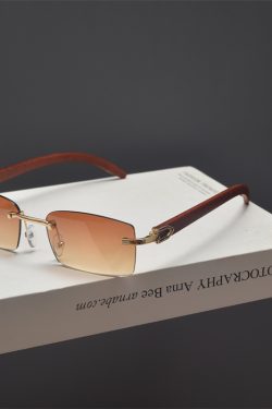 Retro Frameless Cut-Edge Rectangular Wooden Grain Sunglasses for Men and Women - Trendy Hip-Hop Party Eyewear for Small Faces