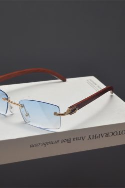 Retro Frameless Cut-Edge Rectangular Wooden Grain Sunglasses for Men and Women - Trendy Hip-Hop Party Eyewear for Small Faces