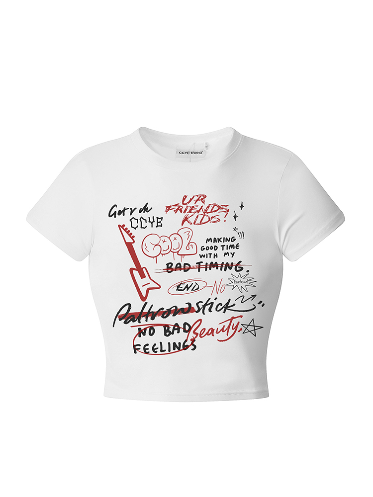 Retro Graffiti Hand-Painted Short Sleeve T-Shirt for Women - Casual Summer Top in American Style, Y2K Vibe Retro Graffiti Hand-Painted Short Sleeve T-Shirt for Women - Casual Summer Top in American Style, Y2K Vibe