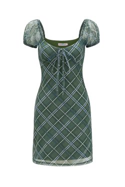 Retro Green Plaid Puff Sleeve Dress for Women - Summer Waist-Cinching Slim Fit, European American Style, Y2K Fashion