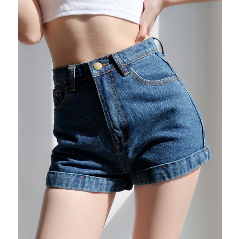 Retro High-Waisted Cuffed Denim Shorts for Women - Classic Slim Fit, Flattering Long Leg, European American Style Retro High-Waisted Cuffed Denim Shorts for Women - Classic Slim Fit, Flattering Long Leg, European American Style