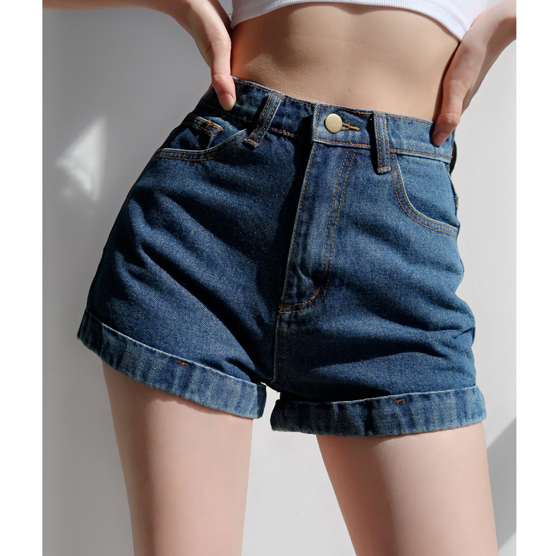 Retro High-Waisted Cuffed Denim Shorts for Women - Classic Slim Fit, Flattering Long Leg, European American Style Retro High-Waisted Cuffed Denim Shorts for Women - Classic Slim Fit, Flattering Long Leg, European American Style