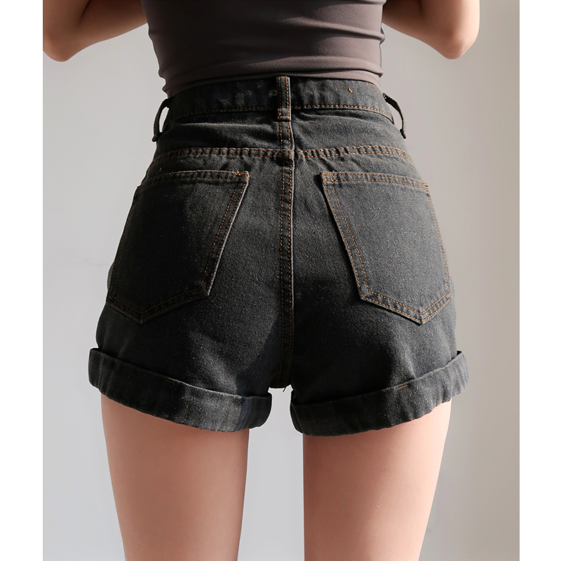 Retro High-Waisted Cuffed Denim Shorts for Women - Classic Slim Fit, Flattering Long Leg, European American Style Retro High-Waisted Cuffed Denim Shorts for Women - Classic Slim Fit, Flattering Long Leg, European American Style