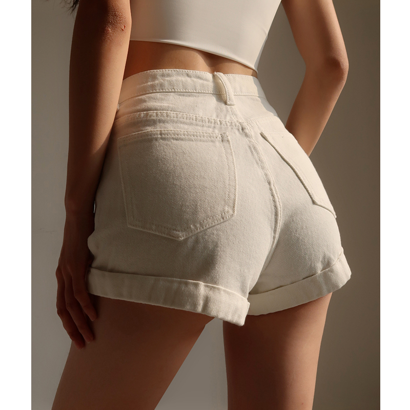 Retro High-Waisted Cuffed Denim Shorts for Women - Classic Slim Fit, Flattering Long Leg, European American Style Retro High-Waisted Cuffed Denim Shorts for Women - Classic Slim Fit, Flattering Long Leg, European American Style