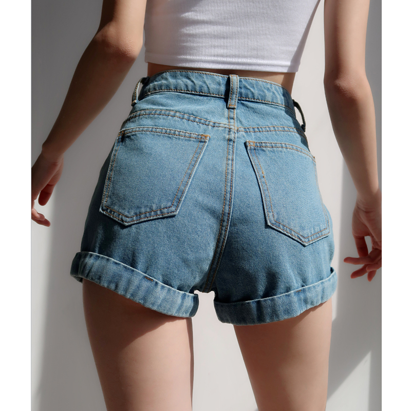 Retro High-Waisted Cuffed Denim Shorts for Women - Classic Slim Fit, Flattering Long Leg, European American Style Retro High-Waisted Cuffed Denim Shorts for Women - Classic Slim Fit, Flattering Long Leg, European American Style