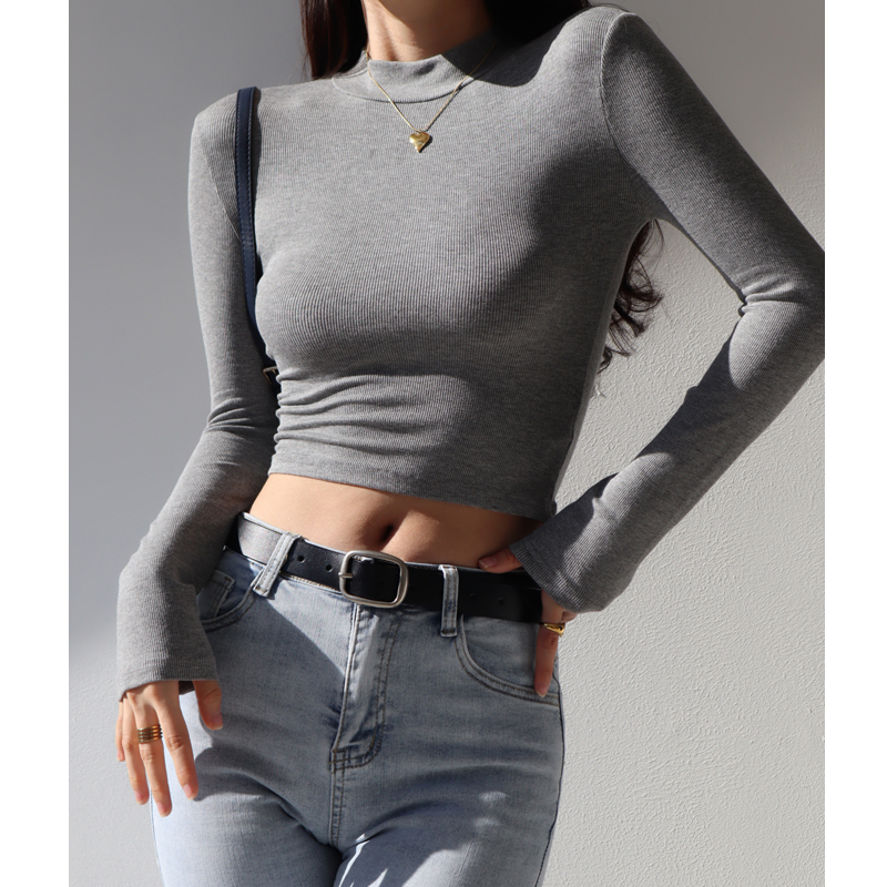 Retro High-Waisted Slimming Short Long-Sleeve T-Shirt with Stand Collar for Women - Elastic Round Neck, Leg-Lengthening Style Retro High-Waisted Slimming Short Long-Sleeve T-Shirt with Stand Collar for Women - Elastic Round Neck, Leg-Lengthening Style