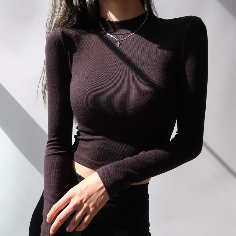 Retro High-Waisted Slimming Short Long-Sleeve T-Shirt with Stand Collar for Women - Elastic Round Neck, Leg-Lengthening Style Retro High-Waisted Slimming Short Long-Sleeve T-Shirt with Stand Collar for Women - Elastic Round Neck, Leg-Lengthening Style