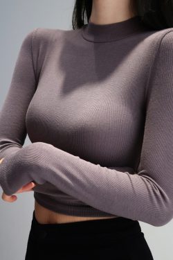 Retro High-Waisted Slimming Short Long-Sleeve T-Shirt with Stand Collar for Women - Elastic Round Neck, Leg-Lengthening Style