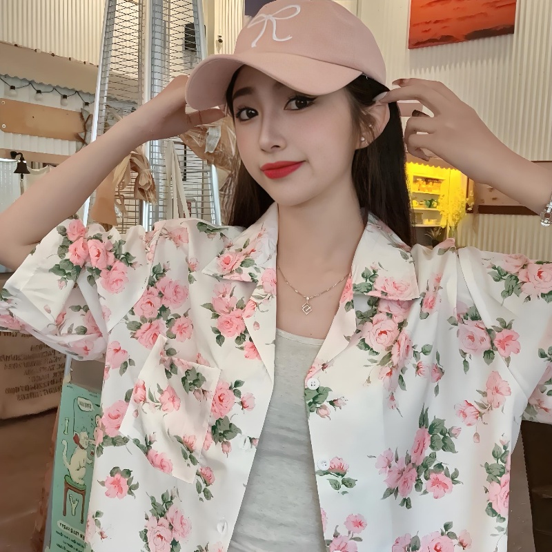 Retro Hong Kong Style Short-Sleeved Floral Shirt for Women - Hawaiian Batik Collar Loose Casual Top for Seaside Vacation Retro Hong Kong Style Short-Sleeved Floral Shirt for Women - Hawaiian Batik Collar Loose Casual Top for Seaside Vacation