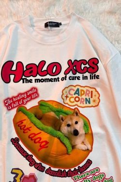 Retro Hot Dog Print Cotton Short-Sleeve T-Shirt for Men and Women - Plus Size Loose Trendy Couple Top