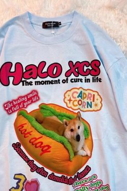 Retro Hot Dog Print Cotton Short-Sleeve T-Shirt for Men and Women - Plus Size Loose Trendy Couple Top