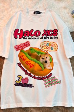 Retro Hot Dog Print Cotton Short-Sleeve T-Shirt for Men and Women - Plus Size Loose Trendy Couple Top