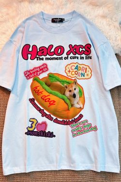 Retro Hot Dog Print Cotton Short-Sleeve T-Shirt for Men and Women - Plus Size Loose Trendy Couple Top