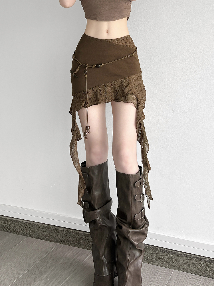 Retro Irregular Lace Splicing Half Skirt - Flowy Bodycon Low-Waist Short Skirt for Vacation Style, Y2K Fashion Retro Irregular Lace Splicing Half Skirt - Flowy Bodycon Low-Waist Short Skirt for Vacation Style, Y2K Fashion