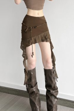 Retro Irregular Lace Splicing Half Skirt - Flowy Bodycon Low-Waist Short Skirt for Vacation Style, Y2K Fashion