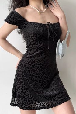 Retro Lace-Up Square Neck Short Sleeve Leopard Print Mesh Dress - A-line Skirt, European & American Fashion, Y2K Style for Women