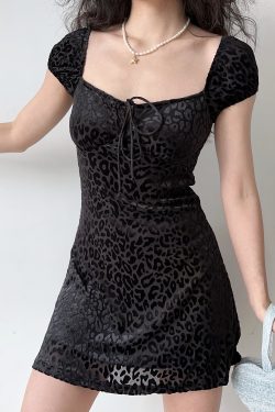 Retro Lace-Up Square Neck Short Sleeve Leopard Print Mesh Dress - A-line Skirt, European & American Fashion, Y2K Style for Women