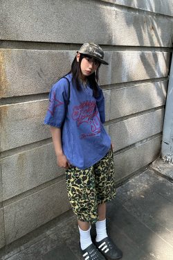 Retro Leopard Print Camouflage Wide-Leg Cropped Shorts for Men and Women - Summer Casual Versatile Fashion