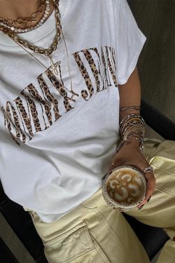 Retro Leopard Print Letter Oversized Short Sleeve T-Shirt for Women - Summer Casual Hot Girl Style