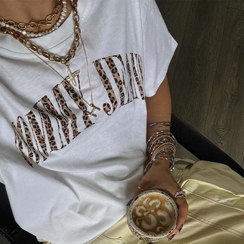 Retro Leopard Print Letter Oversized Short Sleeve T-Shirt for Women - Summer Casual Hot Girl Style Retro Leopard Print Letter Oversized Short Sleeve T-Shirt for Women - Summer Casual Hot Girl Style