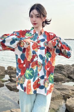 Retro Loose Long Sleeve Floral Shirt for Women – Autumn Hawaiian Beach Top, Unique Casual Style