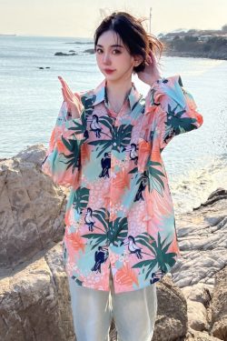 Retro Loose Long Sleeve Floral Shirt for Women – Autumn Hawaiian Beach Top, Unique Casual Style