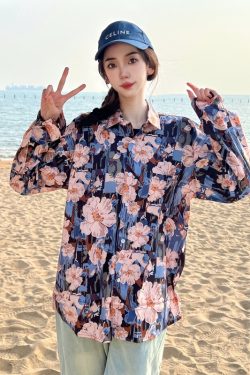 Retro Loose Long Sleeve Floral Shirt for Women – Autumn Hawaiian Beach Top, Unique Casual Style