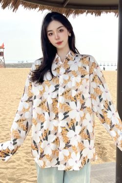 Retro Loose Long Sleeve Floral Shirt for Women – Autumn Hawaiian Beach Top, Unique Casual Style