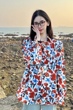 Retro Loose Long Sleeve Floral Shirt for Women – Autumn Hawaiian Beach Top, Unique Casual Style