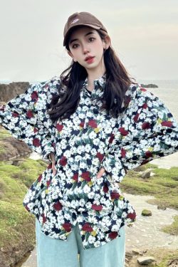 Retro Loose Long Sleeve Floral Shirt for Women – Autumn Hawaiian Beach Top, Unique Casual Style