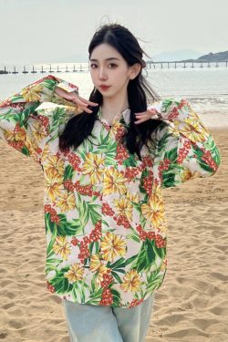 Retro Loose Long Sleeve Floral Shirt for Women – Autumn Hawaiian Beach Top, Unique Casual Style