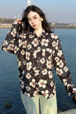 Retro Loose Long Sleeve Floral Shirt for Women – Autumn Hawaiian Beach Top, Unique Casual Style