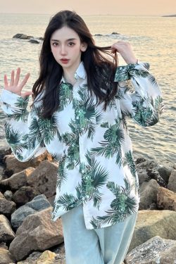 Retro Loose Long Sleeve Floral Shirt for Women – Autumn Hawaiian Beach Top, Unique Casual Style