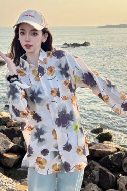 Retro Loose Long Sleeve Floral Shirt for Women – Autumn Hawaiian Beach Top, Unique Casual Style