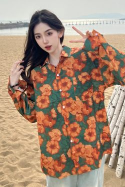 Retro Loose Long Sleeve Floral Shirt for Women – Autumn Hawaiian Beach Top, Unique Casual Style