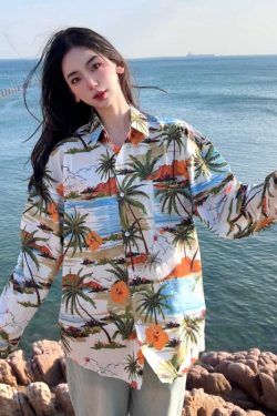 Retro Loose Long Sleeve Floral Shirt for Women – Autumn Hawaiian Beach Top, Unique Casual Style