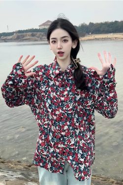 Retro Loose Long Sleeve Floral Shirt for Women – Autumn Hawaiian Beach Top, Unique Casual Style