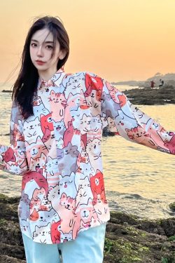 Retro Loose Long Sleeve Floral Shirt for Women – Autumn Hawaiian Beach Top, Unique Casual Style