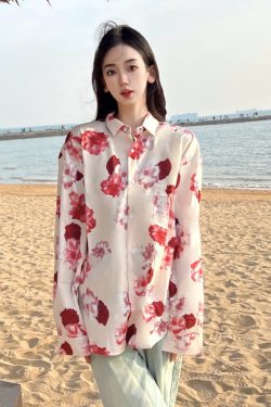 Retro Loose Long Sleeve Floral Shirt for Women – Autumn Hawaiian Beach Top, Unique Casual Style