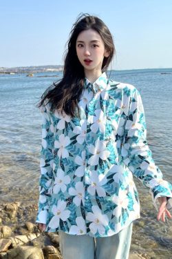 Retro Loose Long Sleeve Floral Shirt for Women – Autumn Hawaiian Beach Top, Unique Casual Style