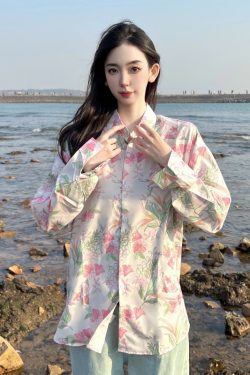 Retro Loose Long Sleeve Floral Shirt for Women – Autumn Hawaiian Beach Top, Unique Casual Style