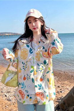 Retro Loose Long Sleeve Floral Shirt for Women – Autumn Hawaiian Beach Top, Unique Casual Style