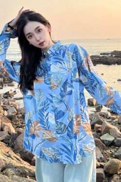 Retro Loose Long Sleeve Floral Shirt for Women – Autumn Hawaiian Beach Top, Unique Casual Style