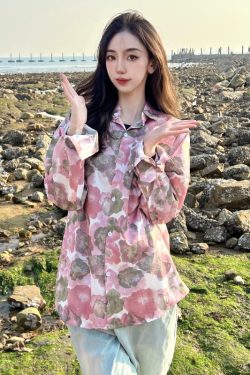 Retro Loose Long Sleeve Floral Shirt for Women – Autumn Hawaiian Beach Top, Unique Casual Style
