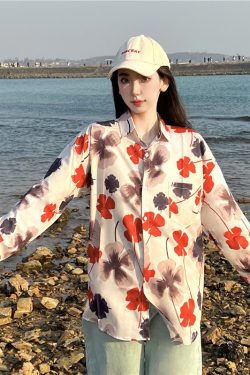Retro Loose Long Sleeve Floral Shirt for Women – Autumn Hawaiian Beach Top, Unique Casual Style