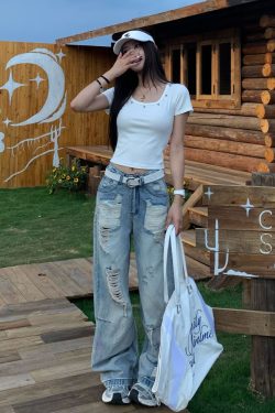 Retro Loose Wide-Leg Ripped Jeans for Women - Summer High Street Style, 90s Inspired, Casual Fashion Pants