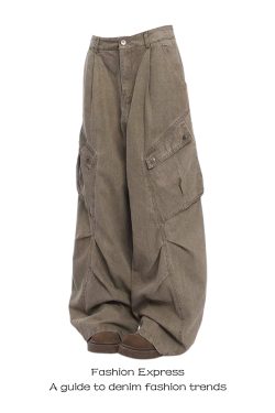 Retro Melard Brown Pleated Wide-Leg Denim Pants for Women - Loose Straight Fit Workwear Trousers - Autumn Fashion Essential