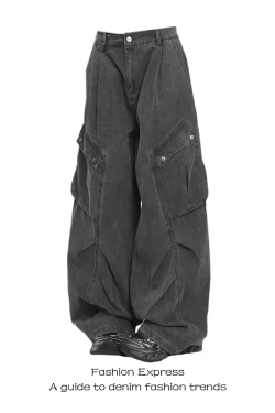 Retro Melard Brown Pleated Wide-Leg Denim Pants for Women - Loose Straight Fit Workwear Trousers - Autumn Fashion Essential