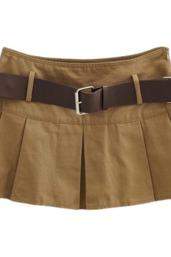 Retro Mid-Waist Pleated A-Line Skirt with Belt - Sexy Cropped Design, Anti-Exposure, European and American Style