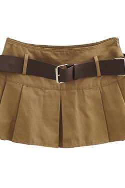 Retro Mid-Waist Pleated A-Line Skirt with Belt - Sexy Cropped Design, Anti-Exposure, European and American Style